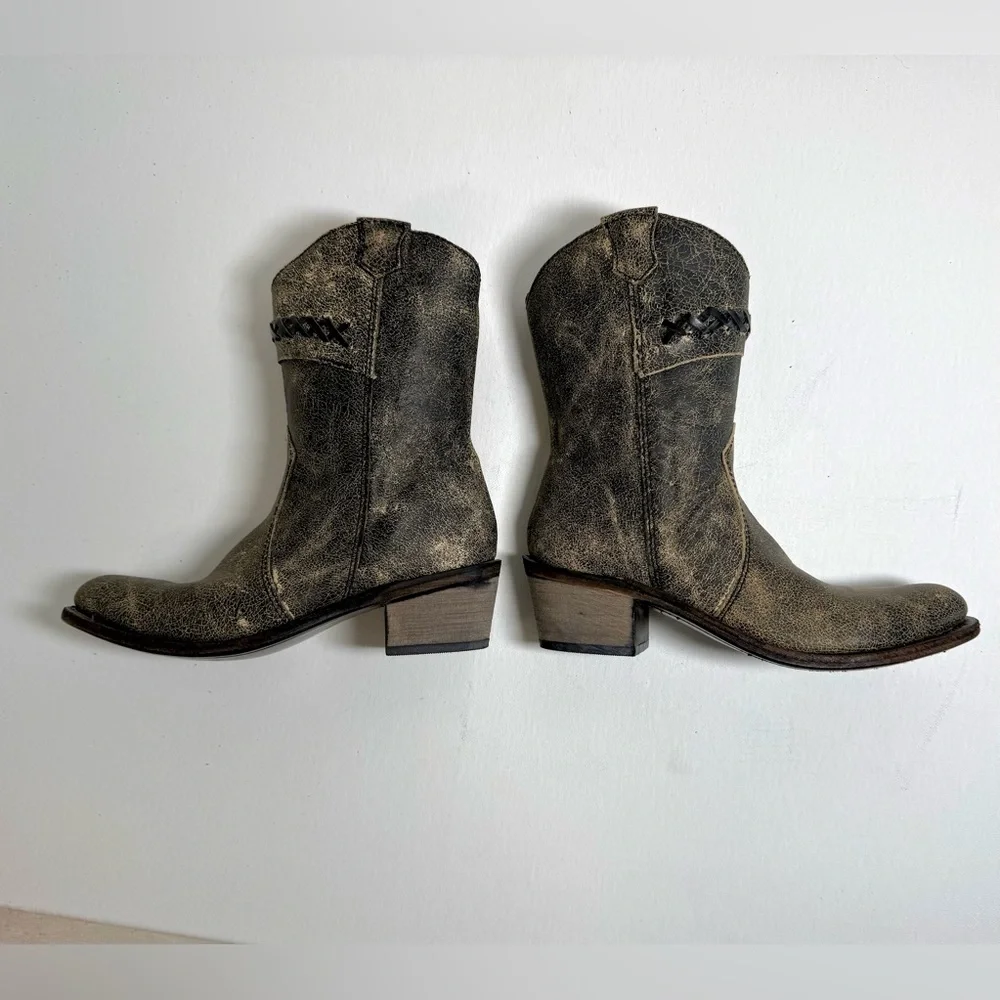 Old West Girl’s Distressed Leather Charcoal Cross Stitch Cowgirl Boots Size 2.5